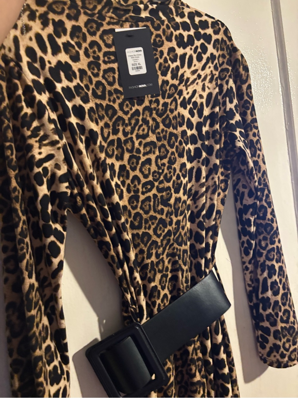 Fashion Nova Brown and Black Leopard Midi Dress with Statement Belt